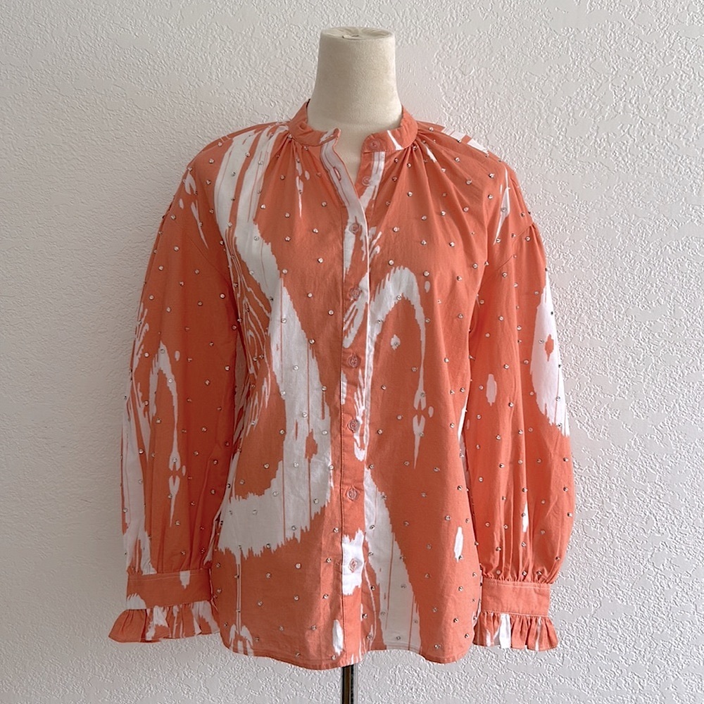 Sheridan French Boho Embellished Ripley Blouse in Coral Ikaat Abstract Print